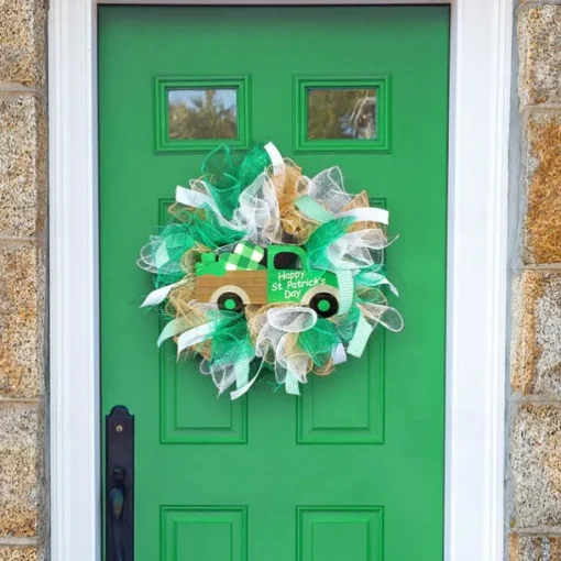1pc Irish Day Wreath Patrick's Decoration Wreath St Patrick's Day Bow Wreath Green Shamrock Wreath Hanging Sign Wreath Pendant Party Wreath Lattice Door Bow Tie Ribbon