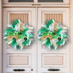 1pc Irish Day Wreath Patrick's Decoration Wreath St Patrick's Day Bow Wreath Green Shamrock Wreath Hanging Sign Wreath Pendant Party Wreath Lattice Door Bow Tie Ribbon