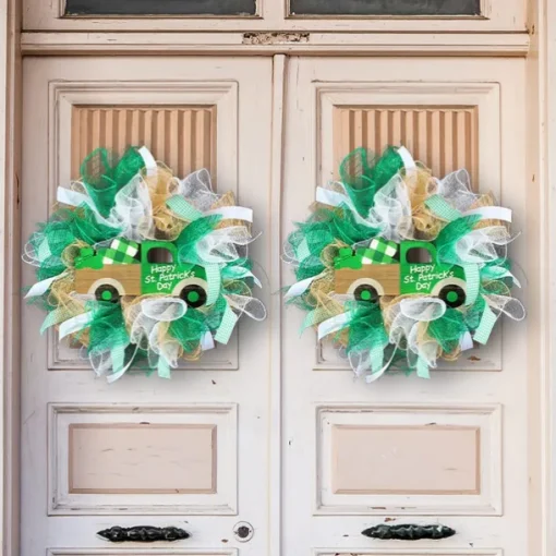 1pc Irish Day Wreath Patrick's Decoration Wreath St Patrick's Day Bow Wreath Green Shamrock Wreath Hanging Sign Wreath Pendant Party Wreath Lattice Door Bow Tie Ribbon