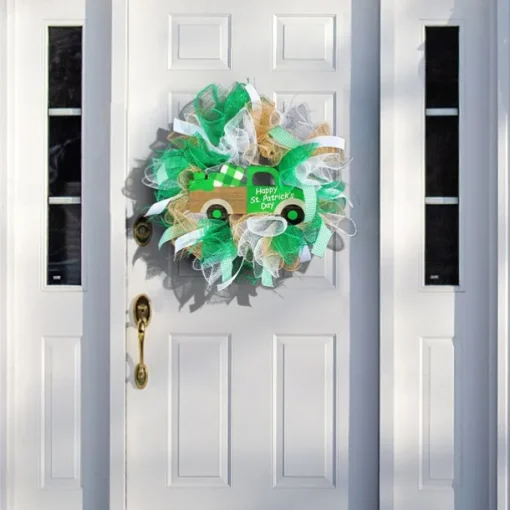 1pc Irish Day Wreath Patrick's Decoration Wreath St Patrick's Day Bow Wreath Green Shamrock Wreath Hanging Sign Wreath Pendant Party Wreath Lattice Door Bow Tie Ribbon