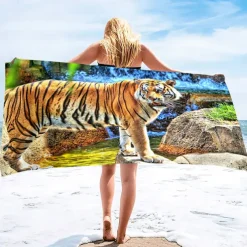 1PC Large Thick Bath Shower Towels 3D White Tiger Design Cotton Beach Towel for Women Men Travel Swimming Yoga Blanket
