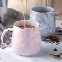 1pc Nordic Marble Pattern Insulated Coffee Cup with Golden Edge - Creative Ceramic Mug for Couples