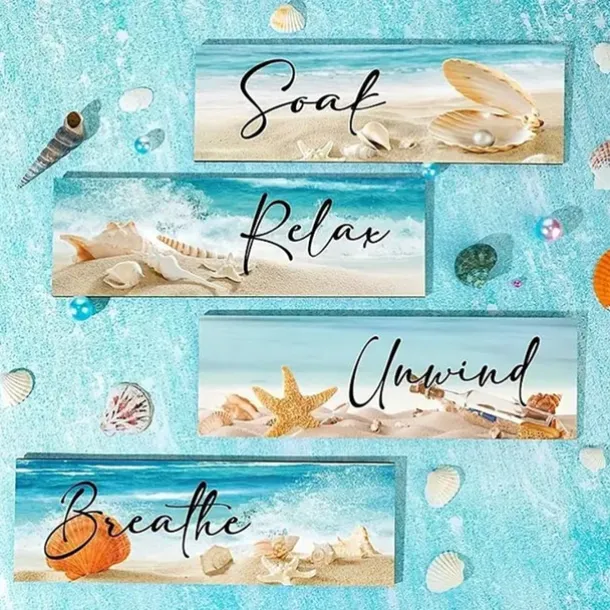 1pc Ocean Beach Bathroom Wall Decor Wooden Relax Soak Relax Breathe Wall Art Bathroom Sign Hanging Seashell Starfish Wooden Sign Room Decor Scene Decor Bedroom Decor Entrance Decor Wall Beauti