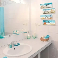 1pc Ocean Beach Bathroom Wall Decor Wooden Relax Soak Relax Breathe Wall Art Bathroom Sign Hanging Seashell Starfish Wooden Sign Room Decor Scene Decor Bedroom Decor Entrance Decor Wall Beauti