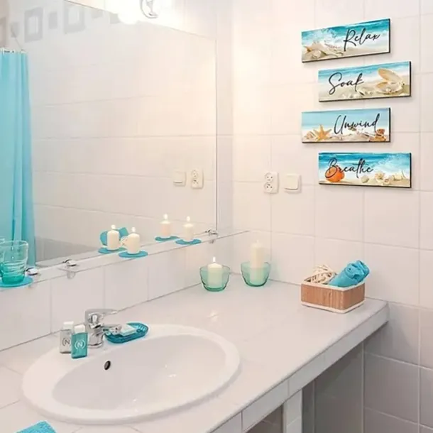 1pc Ocean Beach Bathroom Wall Decor Wooden Relax Soak Relax Breathe Wall Art Bathroom Sign Hanging Seashell Starfish Wooden Sign Room Decor Scene Decor Bedroom Decor Entrance Decor Wall Beauti