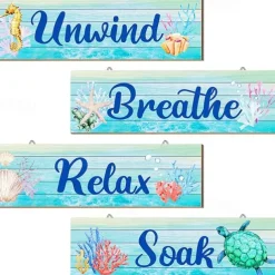 1pc Ocean Beach Bathroom Wall Decor Wooden Relax Soak Relax Breathe Wall Art Bathroom Sign Hanging Seashell Starfish Wooden Sign Room Decor Scene Decor Bedroom Decor Entrance Decor Wall Beauti