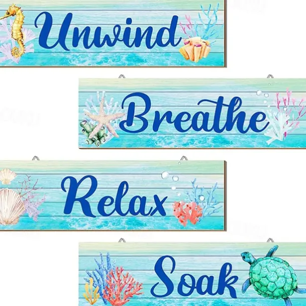 1pc Ocean Beach Bathroom Wall Decor Wooden Relax Soak Relax Breathe Wall Art Bathroom Sign Hanging Seashell Starfish Wooden Sign Room Decor Scene Decor Bedroom Decor Entrance Decor Wall Beauti