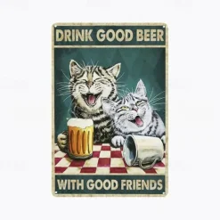 1pc Retro Metal Tin Sign Cat Wine Tin Sign Vintage Kitchen Signs Wall Decor, Painting Wall Hanging for Home Decor Wall Art Metal Tin Sign 20x30cm/8''x12''