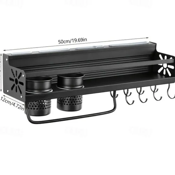 1pc Seasoning Rack With Hook, Kitchen Storage Rack, Multifunctional Household Wall-mounted Chopsticks Knife Rack, No Punching Kitchenware Storage Hanging Rack, Home Kitchen Supplies