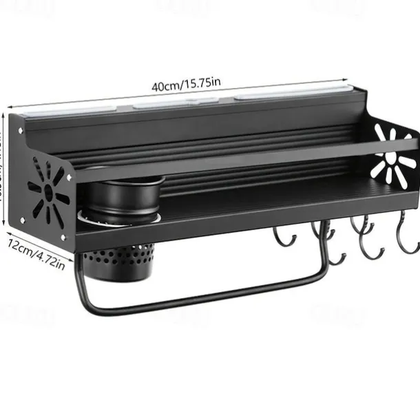 1pc Seasoning Rack With Hook, Kitchen Storage Rack, Multifunctional Household Wall-mounted Chopsticks Knife Rack, No Punching Kitchenware Storage Hanging Rack, Home Kitchen Supplies