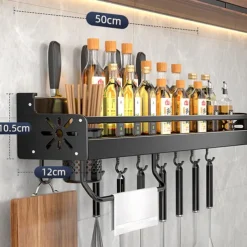 1pc Seasoning Rack With Hook, Kitchen Storage Rack, Multifunctional Household Wall-mounted Chopsticks Knife Rack, No Punching Kitchenware Storage Hanging Rack, Home Kitchen Supplies