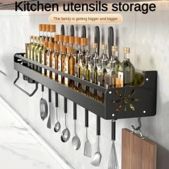 1pc Seasoning Rack With Hook, Kitchen Storage Rack, Multifunctional Household Wall-mounted Chopsticks Knife Rack, No Punching Kitchenware Storage Hanging Rack, Home Kitchen Supplies