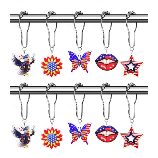 1pc 4th of July Shower Curtain Hooks With Ball Bearings, American Patriotic Blue White Red Curtain Tiebacks, Independence Day For Bathroom Accessories