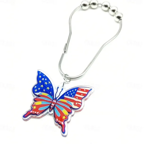 1pc 4th of July Shower Curtain Hooks With Ball Bearings, American Patriotic Blue White Red Curtain Tiebacks, Independence Day For Bathroom Accessories