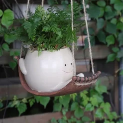 1pc Unique Hanging Resin Head Swinging Plant Pot For Succulents Hanging Planter Swing Face Plant Pot Hammock Flower PotsSmall Cute Smile Face Wall Resin Planters For Indoor Outdoor Plants