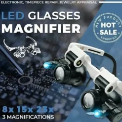 1pc 8X 15X 23X Double LED Light Magnifying Glasses, Watch Repair Magnifier, Miniature Magnifying Glass, Eye Magnifying Repair Tool For Watchmaking Coin Stamp Currency Book Errors Jewelry Necklace Magnifier Beading Biology Loupe Microscope