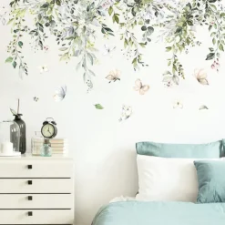 2PC 30X90CM Tropical Green Leaf Butterfly Ornaments Bedroom Living Room Porch Home Wall Decoration Wall Stickers Self-adhesive