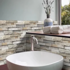 12pcs Artificial Stone Tile Wall Sticker 3D Vinyl Wallpaper Self Adhesive Floral Home Decor For Kitchen Bathroom 15*30cm