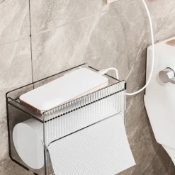1pcs Bathroom Tissue Storage Box Punch-free Toilet Paper Holder Wall Mounted Tissue Dispenser Container Bathroom Hanging Tissue Storage Rack Bathroom Accessories