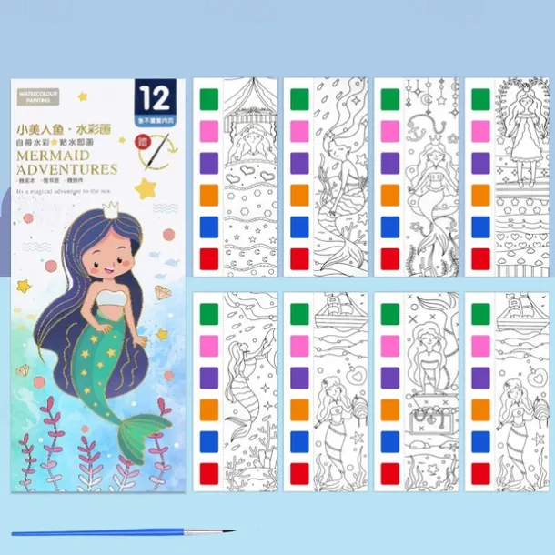 12pcs Children's Watercolor Coloring BookStudent Coloring And Drawing BookDrawing And Coloring Paper With Built-in Watercolor Paint PensImproving Children's Focus