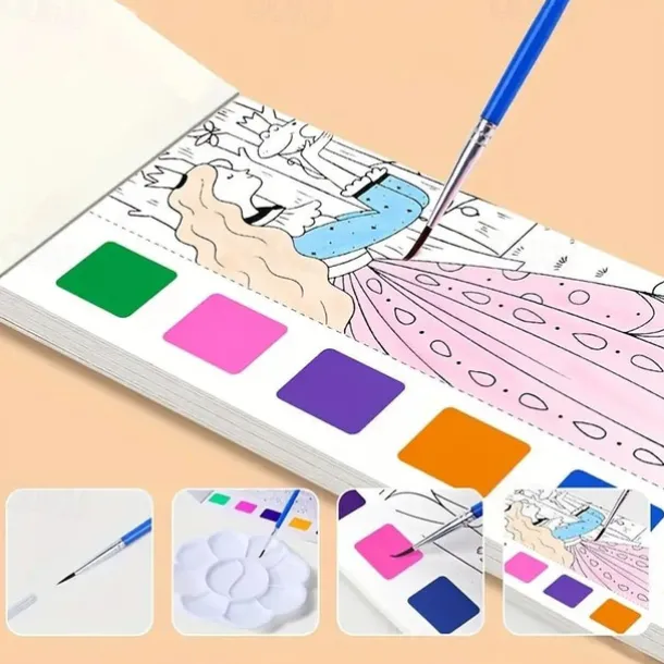 12pcs Children's Watercolor Coloring BookStudent Coloring And Drawing BookDrawing And Coloring Paper With Built-in Watercolor Paint PensImproving Children's Focus