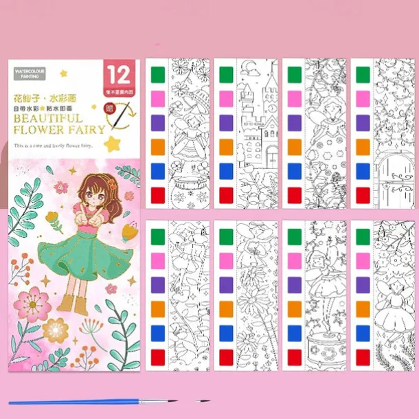 12pcs Children's Watercolor Coloring BookStudent Coloring And Drawing BookDrawing And Coloring Paper With Built-in Watercolor Paint PensImproving Children's Focus