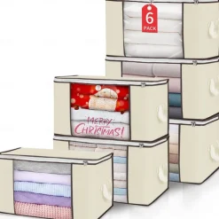 6pcs Clothes Comforter Storage Bags 90L Large Capacity Clothing Organizers with Reinforced Handles Thick Breathable Fabric Foldable Underbed Containers for Bedding Comforter Blank