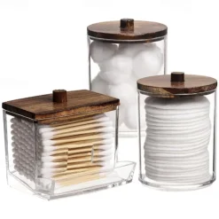 3PCS Cotton Swab Holder Set with Vanity Tray - Clear Apothecary Jar, Qtip/Ball/Pad Storage, Bathroom Containers Dispenser