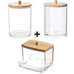 3PCS Cotton Swab Holder Set with Vanity Tray - Clear Apothecary Jar, Qtip/Ball/Pad Storage, Bathroom Containers Dispenser