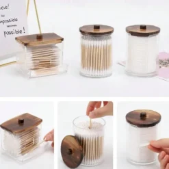 3PCS Cotton Swab Holder Set with Vanity Tray - Clear Apothecary Jar, Qtip/Ball/Pad Storage, Bathroom Containers Dispenser