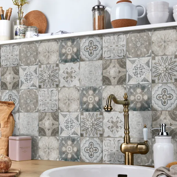 24pcs Creative Kitchen Bathroom Living Room Self-adhesive Wall Stickers Waterproof Gray Retro Tile Stickers