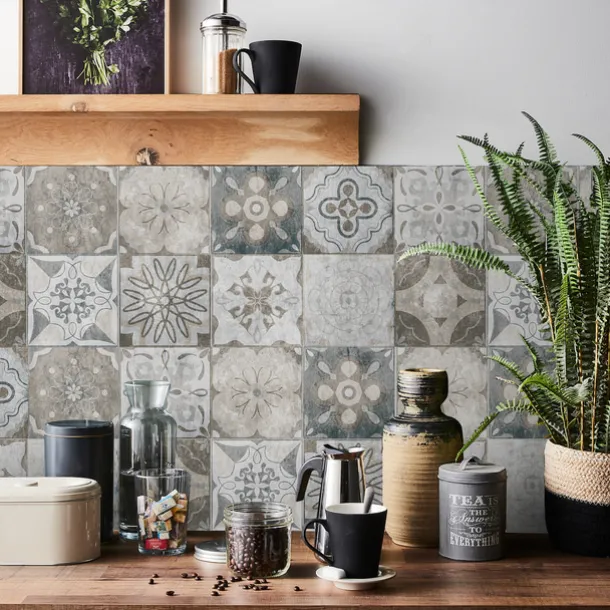 24pcs Creative Kitchen Bathroom Living Room Self-adhesive Wall Stickers Waterproof Gray Retro Tile Stickers