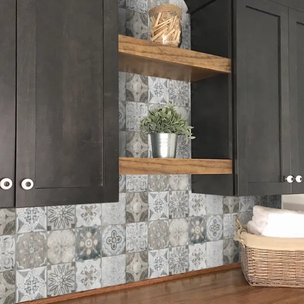 24pcs Creative Kitchen Bathroom Living Room Self-adhesive Wall Stickers Waterproof Gray Retro Tile Stickers