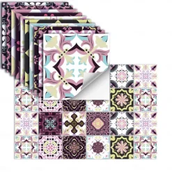 24pcs Creative Kitchen Bathroom Living Room Self-adhesive Wall Stickers Waterproof Mediterranean Fuchsia Tile Stickers