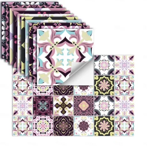 24pcs Creative Kitchen Bathroom Living Room Self-adhesive Wall Stickers Waterproof Mediterranean Fuchsia Tile Stickers