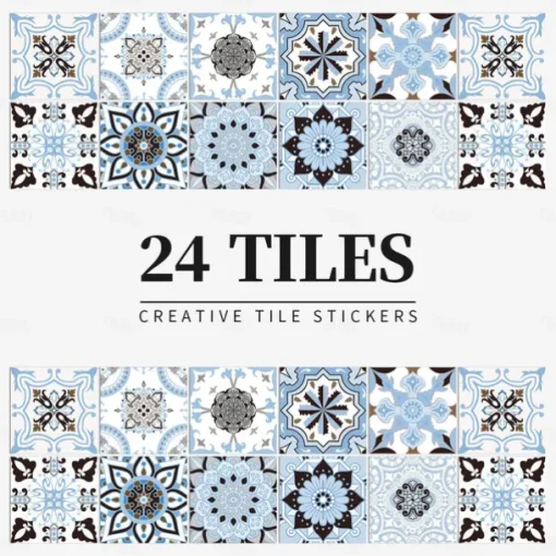 24pcs Creative Kitchen Bathroom Living Room Self-adhesive Wall Stickers Waterproof Fashion Blue Tile Stickers