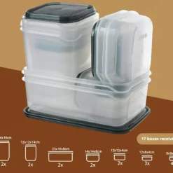 17PCS Food Container Fridge Bins, Leakproof Food Grade Plastic Various Sizes with Lid for Leftover Meals
