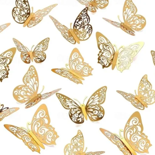 12pcs Golden Butterfly Decorations - 3D Wall Art for Parties, Crafts, and Baby Showers - Easy to Apply Stickers for Beautiful and Elegant Decor