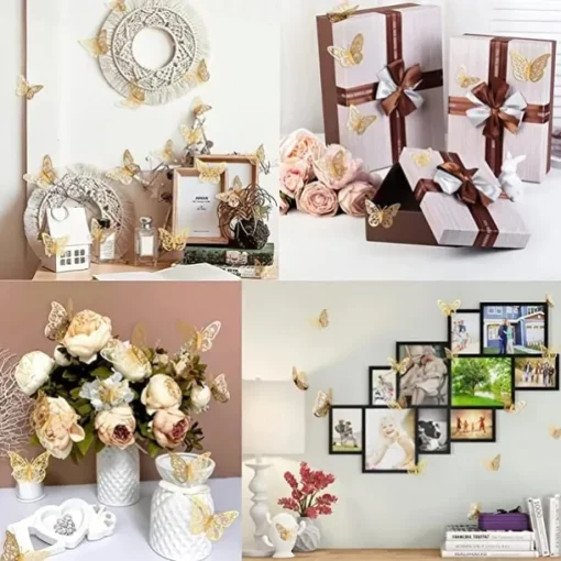 12pcs Golden Butterfly Decorations - 3D Wall Art for Parties, Crafts, and Baby Showers - Easy to Apply Stickers for Beautiful and Elegant Decor