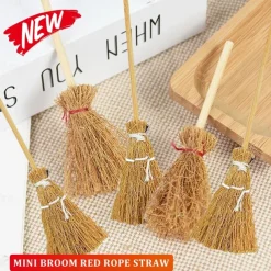 10/20pcs Halloween Mini Broom Red Rope Straw Brooms Hanging Decorations for Halloween Party Costume Witch Broom Dollhouse Accessories