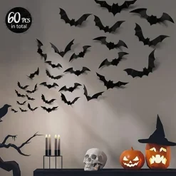 60PCS Halloween Party Supplies PVC 3D Decoration Realistic Horror Bat Spider Wall Accent, DIY Halloween Decoration Home Interior Window Decoration Set (Balck)
