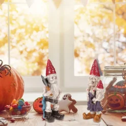 2pcs Halloween Skeleton Gnomes Resin Zombie Gnome Statues Skeleton Dwarf Ornament Horror Skull Elf Dwarf Figurines for Lawn Front Porch Halloween Decorations Table Decor