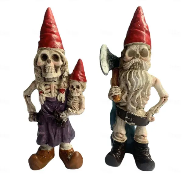 2pcs Halloween Skeleton Gnomes Resin Zombie Gnome Statues Skeleton Dwarf Ornament Horror Skull Elf Dwarf Figurines for Lawn Front Porch Halloween Decorations Table Decor