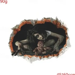 2pcs Halloween Wall Stickers Horror 3d Three-Dimensional Wall Stickers Bedroom Living Room Decoration Broken Wall Ghost Waterproof Removable Wall Stickers