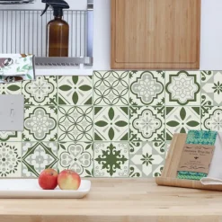 10PCS Kitchen Thickened Green Tile Stickers Self-adhesive Paper Green Tile Tile Sticker Bathroom Oil-proof Waterproof Removable Wall Sticker Floor Sticker