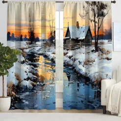 2PCS Landscape Painting Series Curtains 3D Digital Printing Fabric Curtains Window Screens
