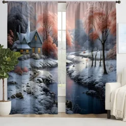 2PCS Landscape Painting Series Curtains 3D Digital Printing Fabric Curtains Window Screens