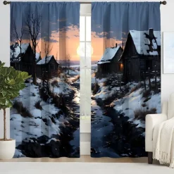 2PCS Landscape Painting Series Curtains 3D Digital Printing Fabric Curtains Window Screens