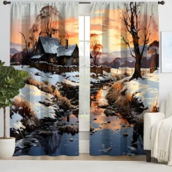 2PCS Landscape Painting Series Curtains 3D Digital Printing Fabric Curtains Window Screens
