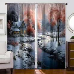 2PCS Landscape Painting Series Curtains 3D Digital Printing Fabric Curtains Window Screens